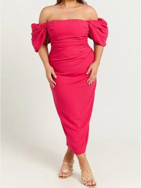 ShowPo Lohan Midi Dress NWT size 12 in Berry Off the Shoulder Puff Sleeve
